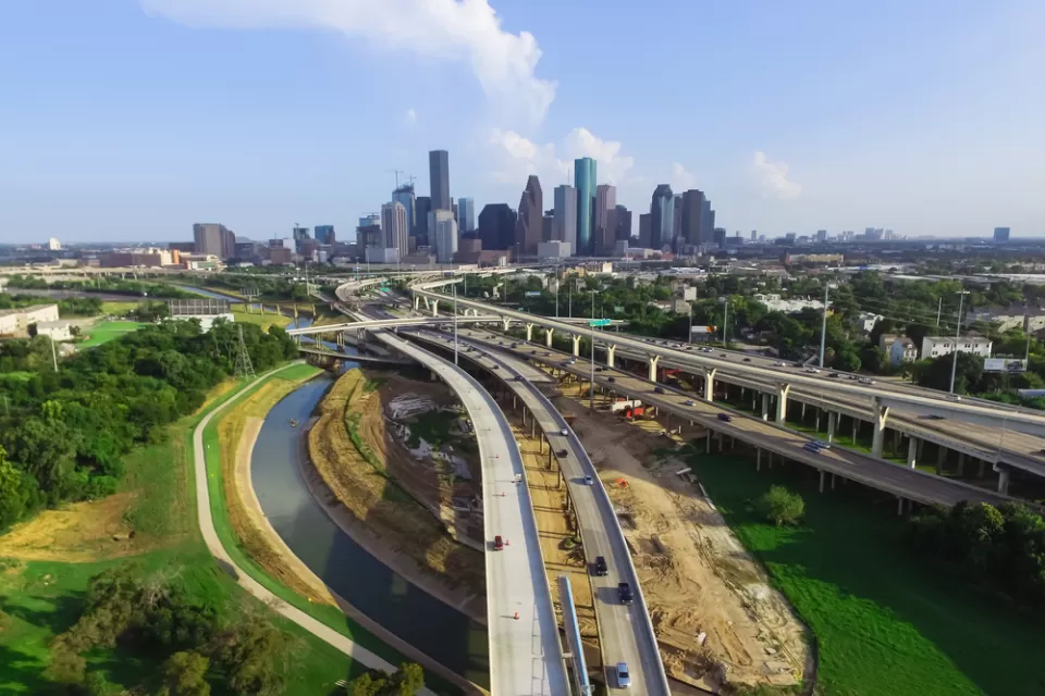 A view of Houston's freeways, with downtown in the background.